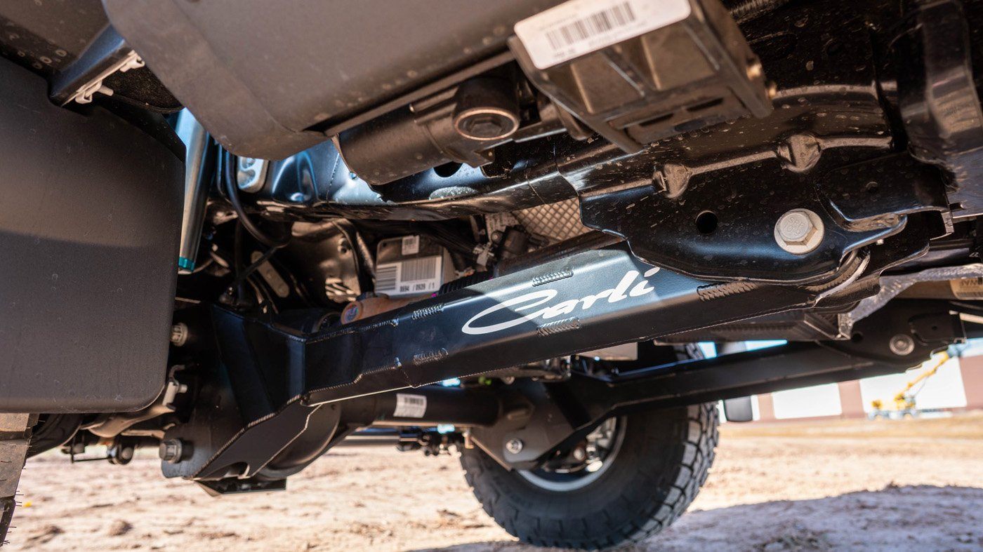 2023-2024 Ford F250/350 Carli Suspension Fabricated Radius Arms for 5.5" Lift Close-up Display on Vehicle