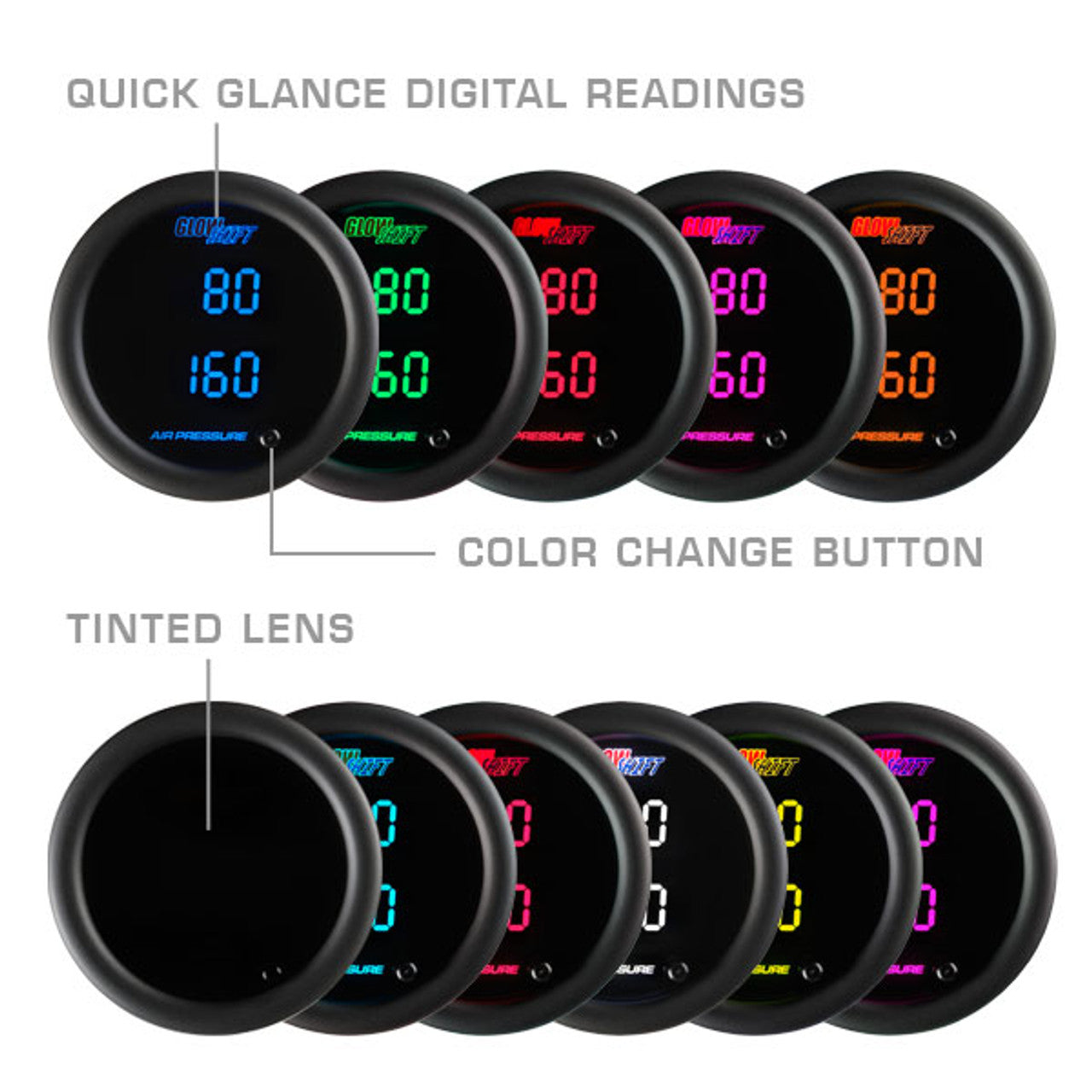 10 Color Digital Dual Air Pressure Gauge Color options Display