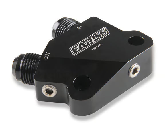 Earls LS Side Mount Oil Cooler Adapter, 10 AN Male, (2) 1/8" NPT Ports Front View Black