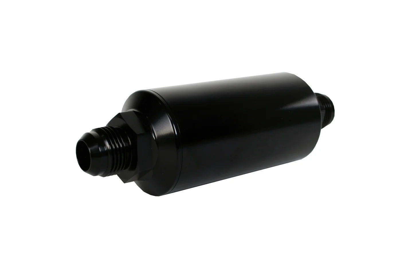 40 Micron Black Fuel Filter with Male AN-10 Ports & Stainless Mesh Element Front View