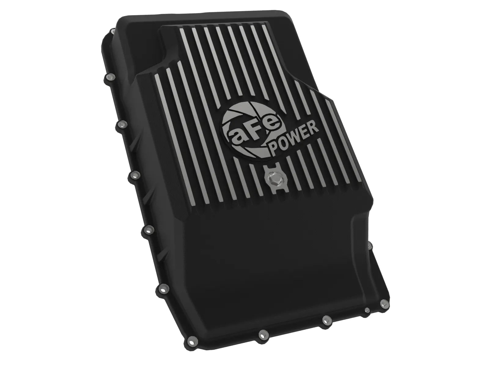 aFe POWER Pro Series Transmission Pan Black w/ Machined Fins Ford Trucks/SUVs 17-25 (10R60/10R80) Front View Black