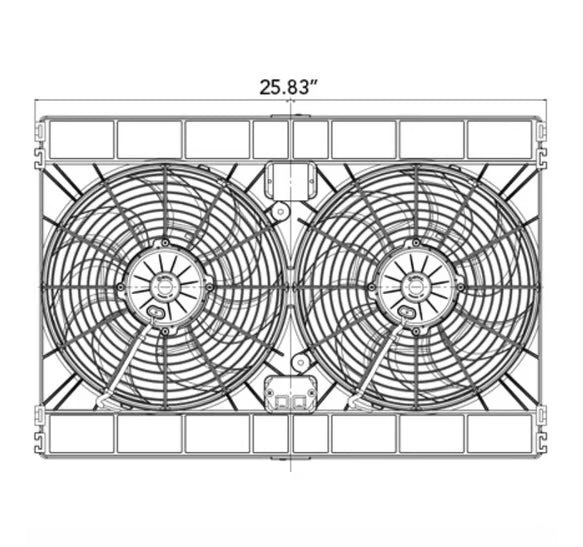 Dual 12.00" Electric Fan Puller Style High Performance 3168CFM 7-blade curved style blade Front View