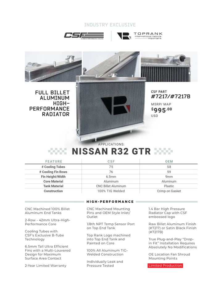 R32 Skyline GT-R/GTS Full Billet Aluminum High-Performance Radiator - Raw Billet