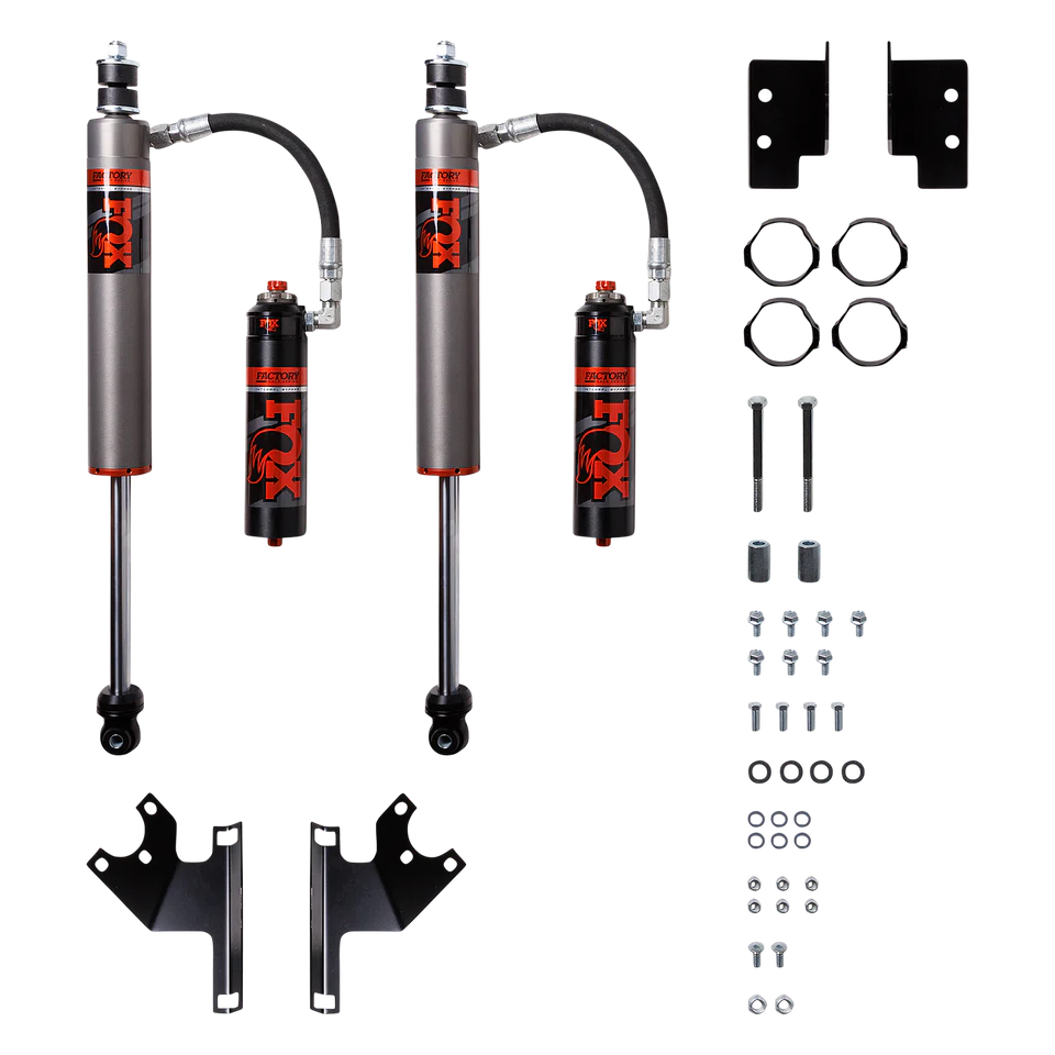 '07-18 Jeep JK FACTORY RACE 2.5 INTERNAL BYPASS RESERVOIR SHOCK (PAIR) - ADJUSTABLE - FRONT SHOCKS Display of Included Parts