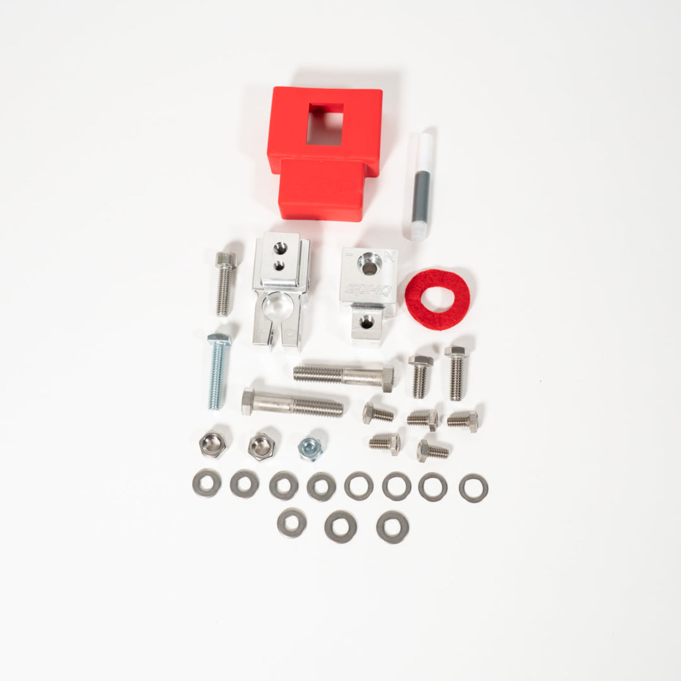 SDHQ Built Billet Battery Terminal/Distribution Kit display of included parts and hardware