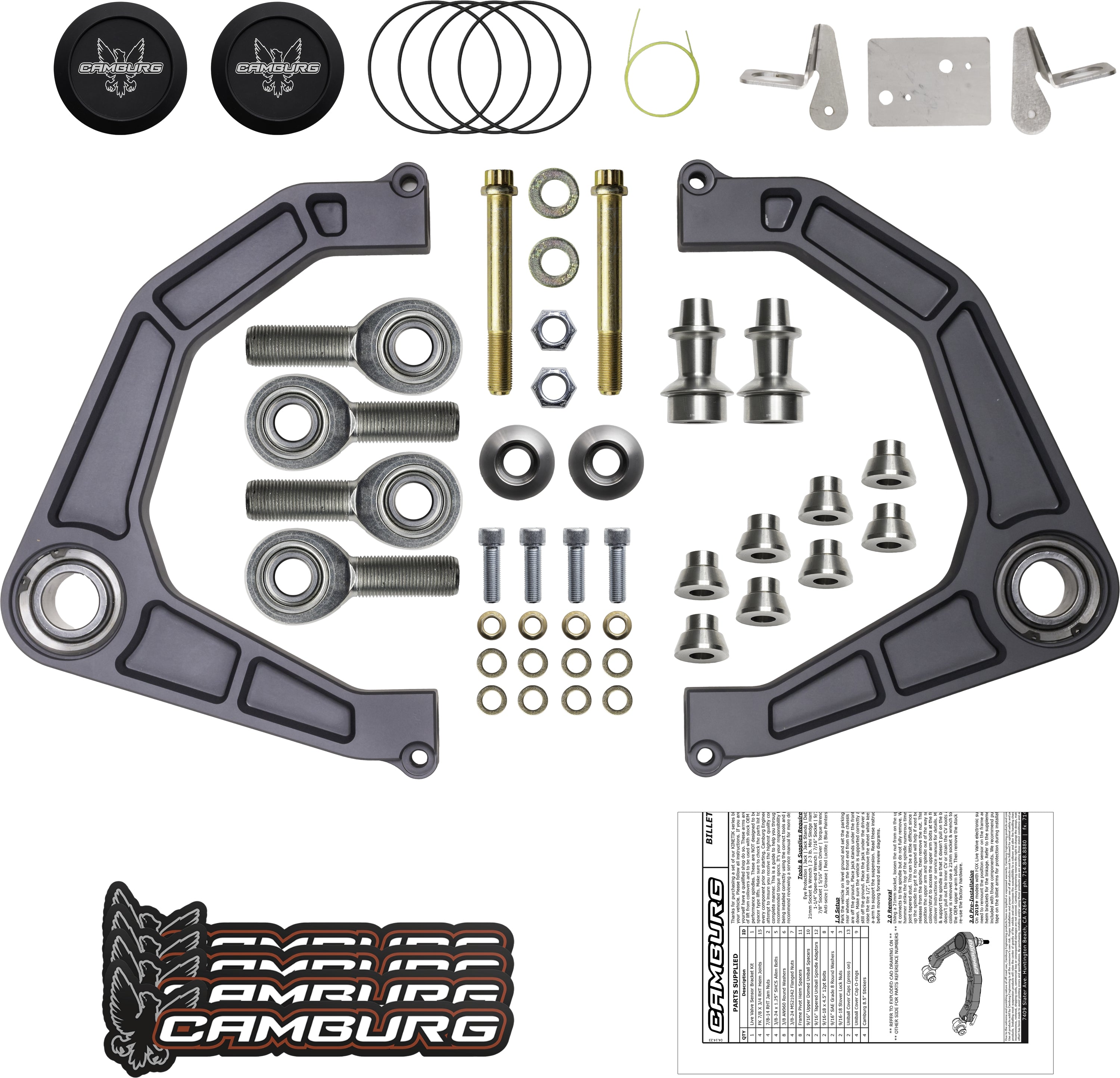 '17-24 Ford Raptor Camburg Kinetik Billet Upper Control Arms Display of Included Parts