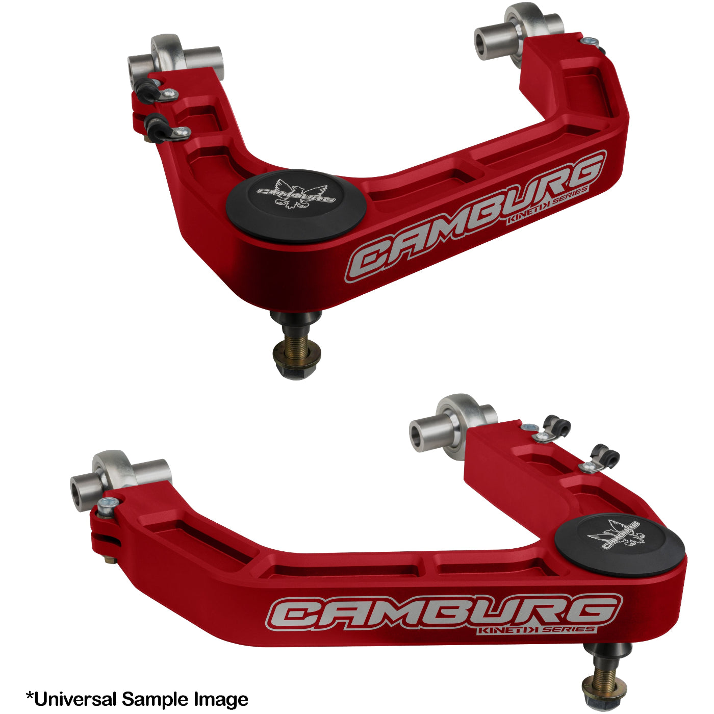 '17-24 Ford Raptor Camburg Kinetik Billet Upper Control Arms Red Display of Included Parts