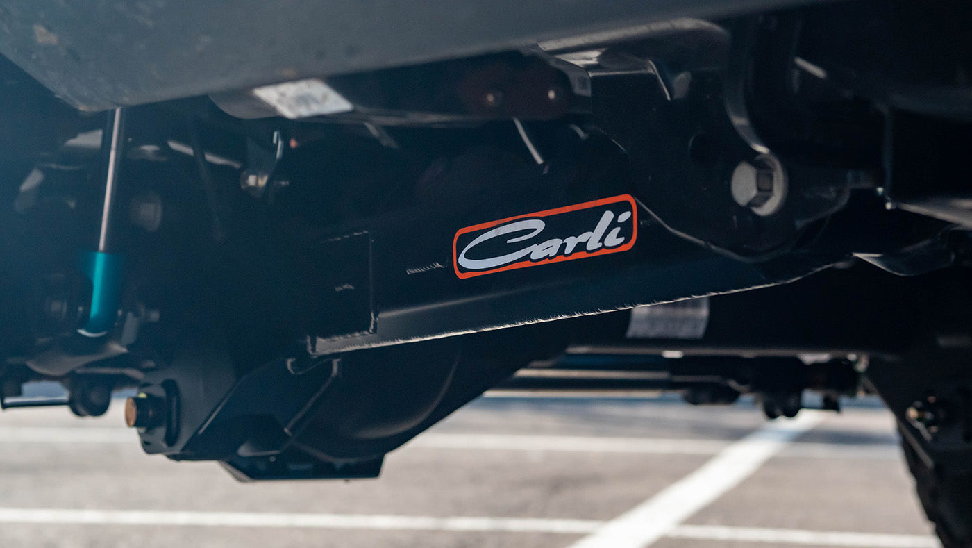 2023-2024 Ford F250/350 Carli Suspension Fabricated Radius Arms for 5.5" Lift Close-up Display on Vehicle