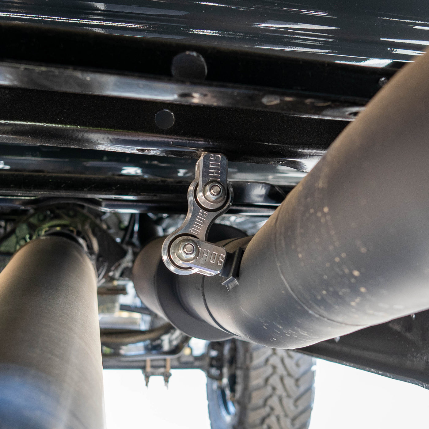 SDHQ Built Billet Exhaust Hanger Clevis Bracket installed