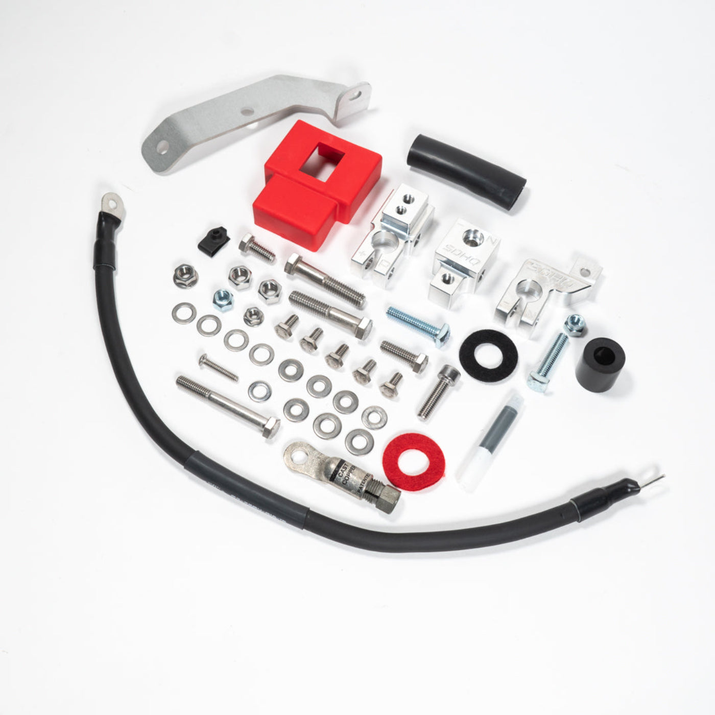 2015-2025 Ford F150/Raptor Complete Billet Battery Terminal Kit display of included parts and hardware