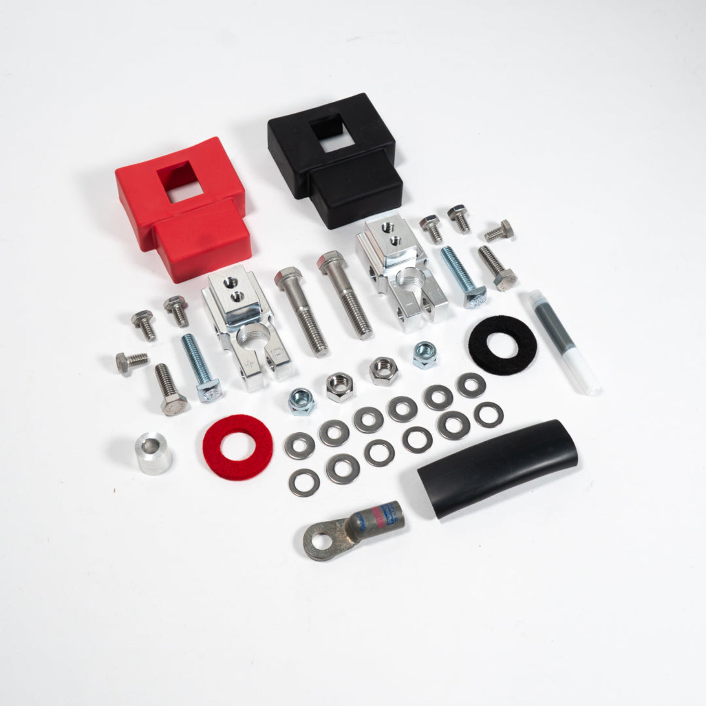 2015-2025 Ford F150/Raptor Complete Billet Battery Terminal Kit Display of included parts and hardware