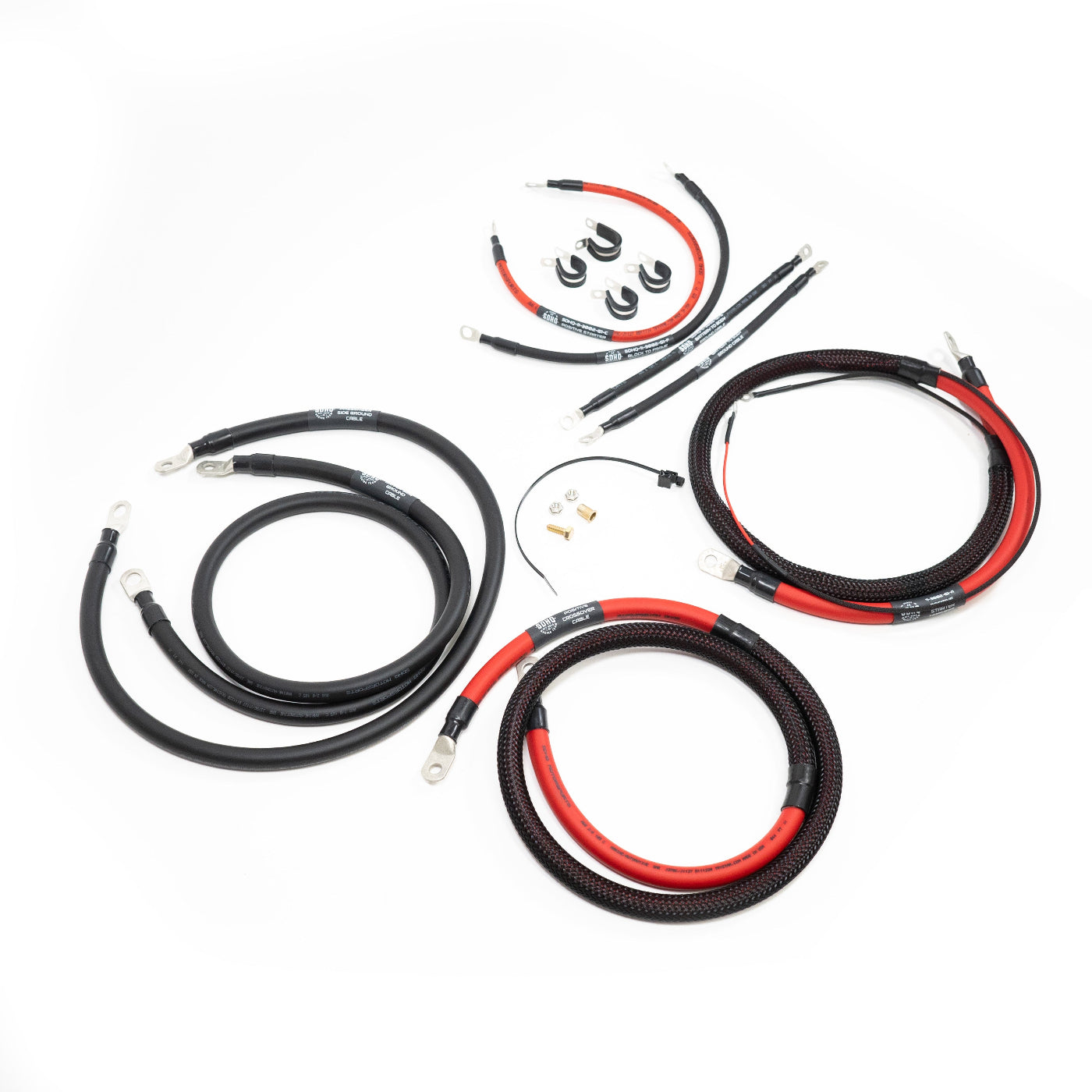 SDHQ Built '95-02.5 Ford 7.3L F250/F350/Superduty Billet Battery Terminal Upgrade Kit display of included parts and hardware