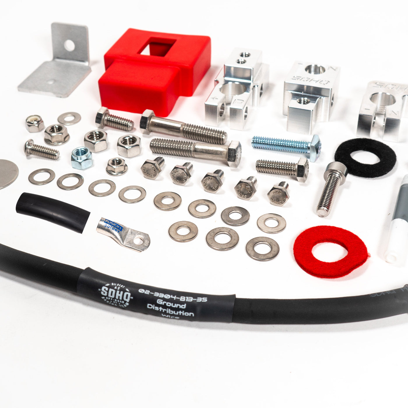 2023-2025 Ford F250/F350 Billet Single Battery Terminal Upgrade Kit display of included parts and hardware
