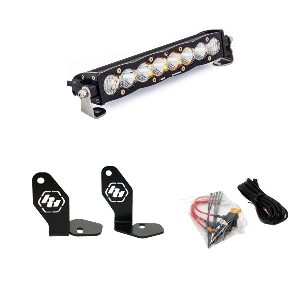 Baja Designs 2022-2024 Polaris RZR Pro R Hood Mounted S8 10" Light Bar Kit Display of Included Parts
