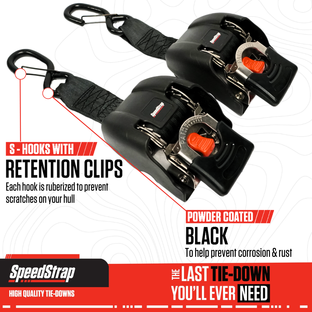 2” x 43” Stainless Steel Retractable Marine Transom Tie-Down Straps with Snap S-Hooks (2 Pack) Front View