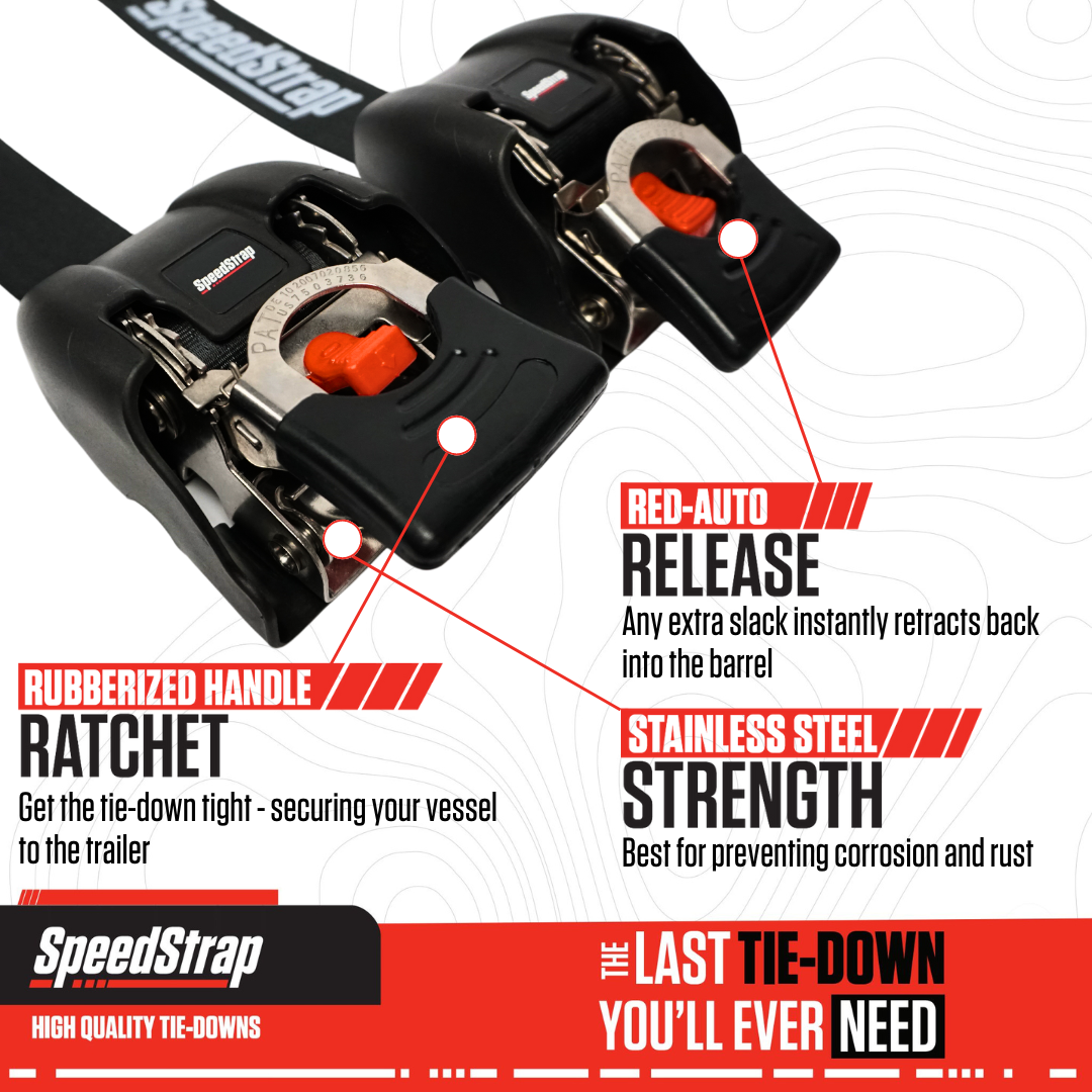 2” x 43” Stainless Steel Retractable Marine Transom Tie-Down Straps with Snap S-Hooks (2 Pack) Front View