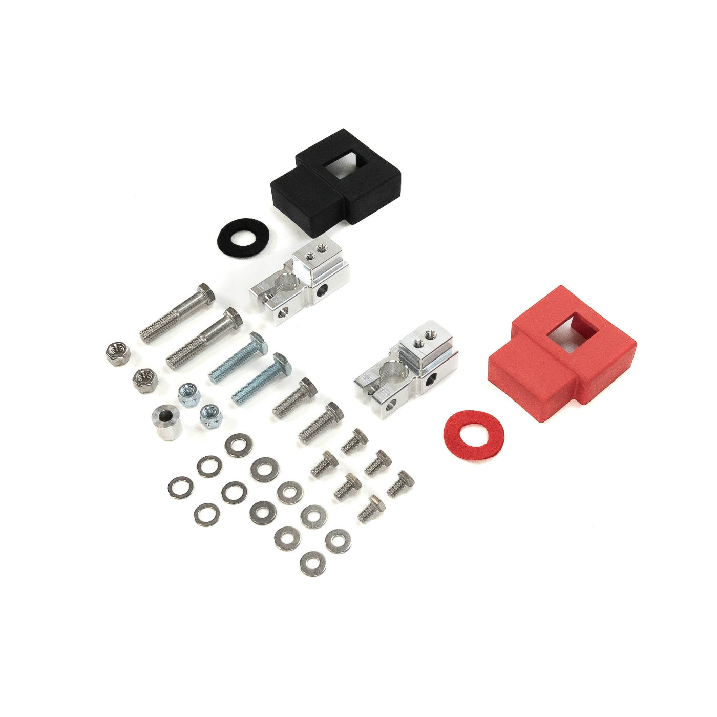 '07-17 Jeep Wrangler JK SDHQ Built Billet Battery Terminal Kit display of included parts and hardware