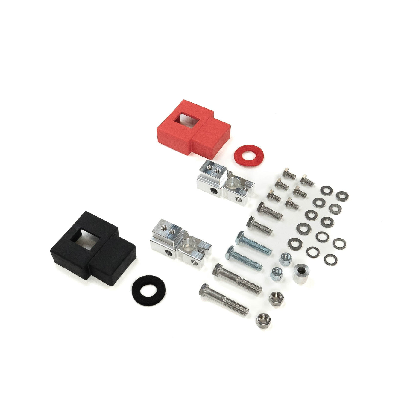 '07-17 Jeep Wrangler JK SDHQ Built Billet Battery Terminal Kit display of included parts and hardware