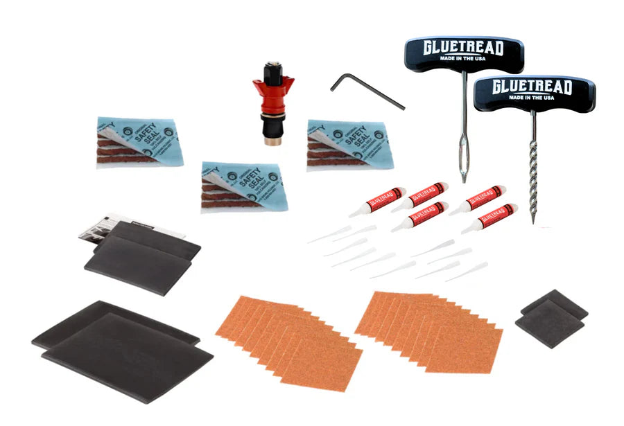 Gluetread Complete Tire Repair Kit Display of Included Parts