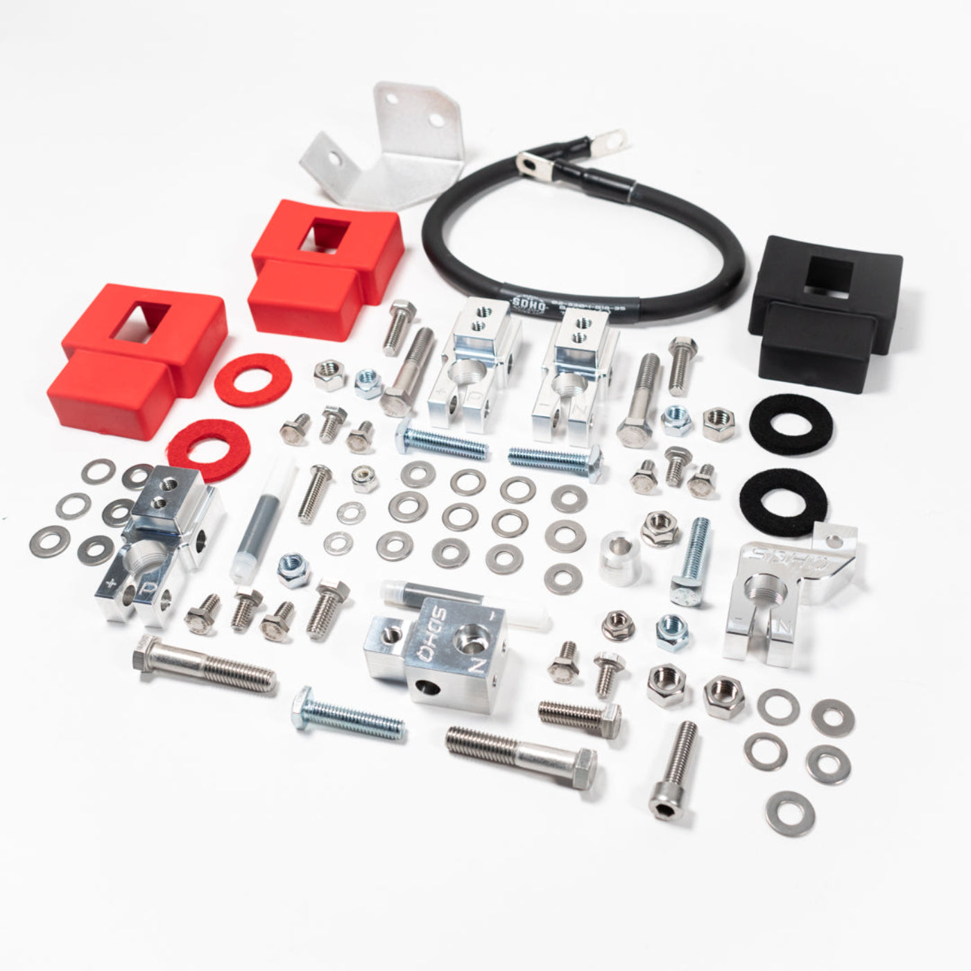 '19-24 RAM 2500/3500 Complete Billet Battery Terminal and Distribution Kit display of included parts and hardware