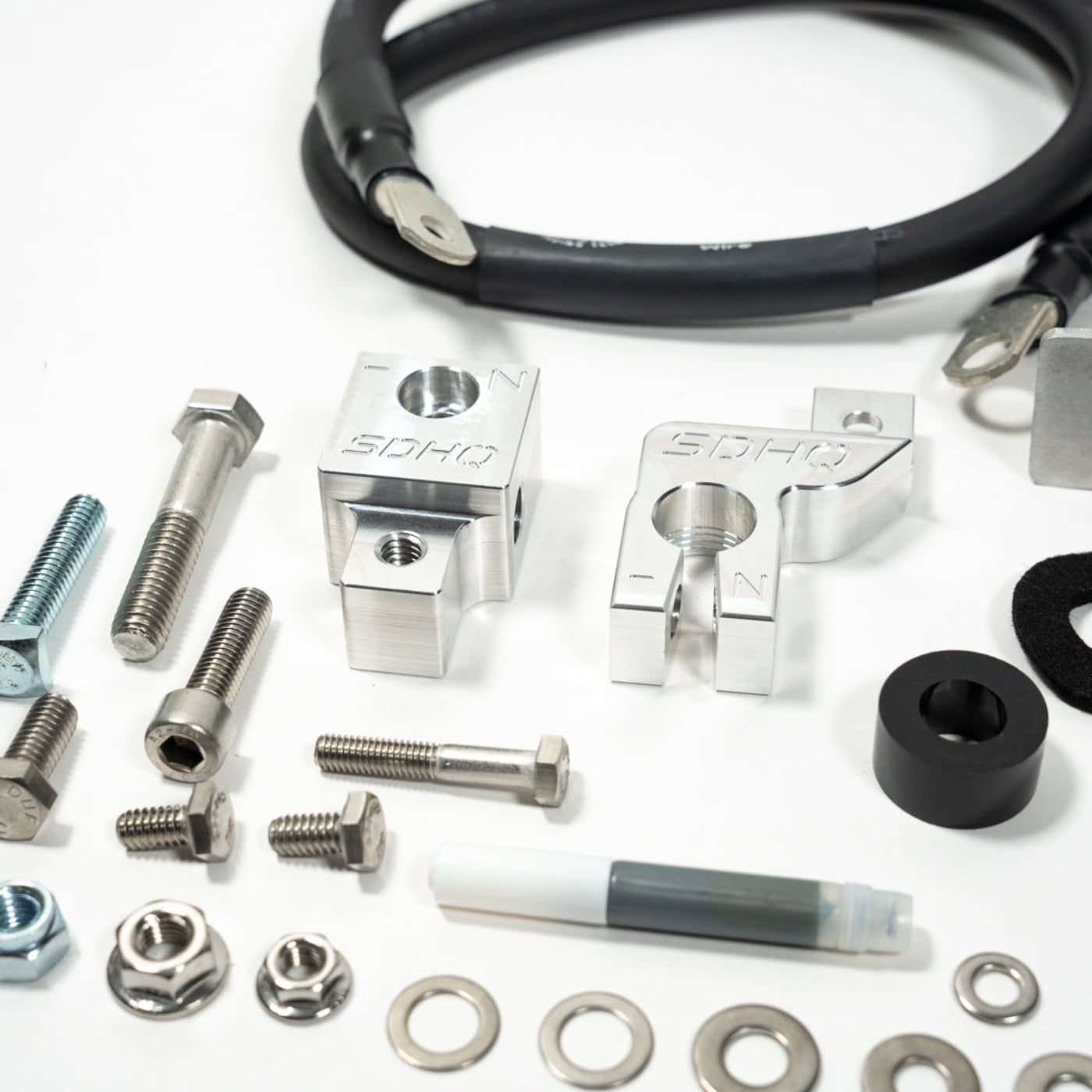 '19-23 SDHQ Built Ford Ranger Billet Battery Terminal and Distribution Kit display of included parts and hardware