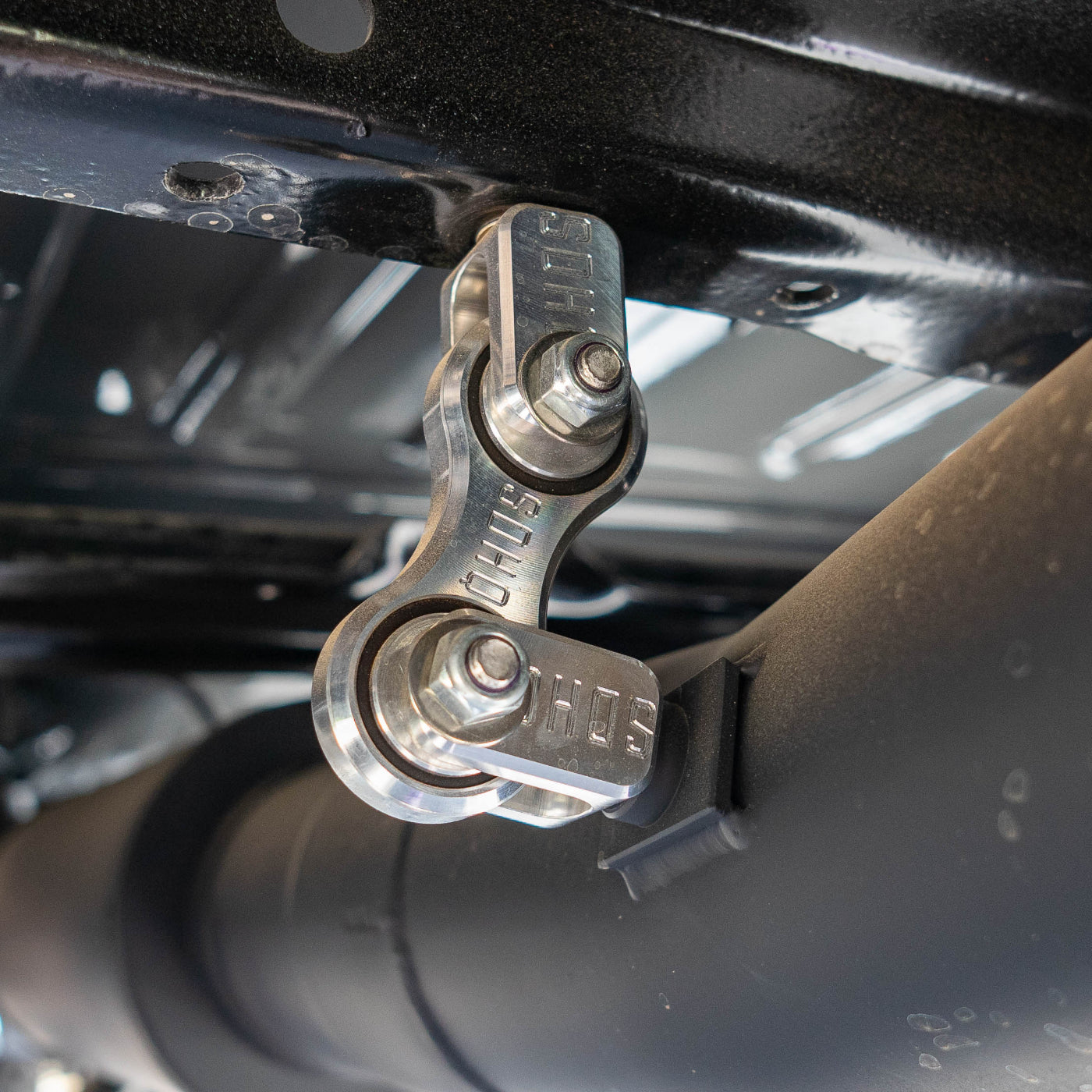 SDHQ Built Billet Exhaust Hanger Clevis Bracket installed