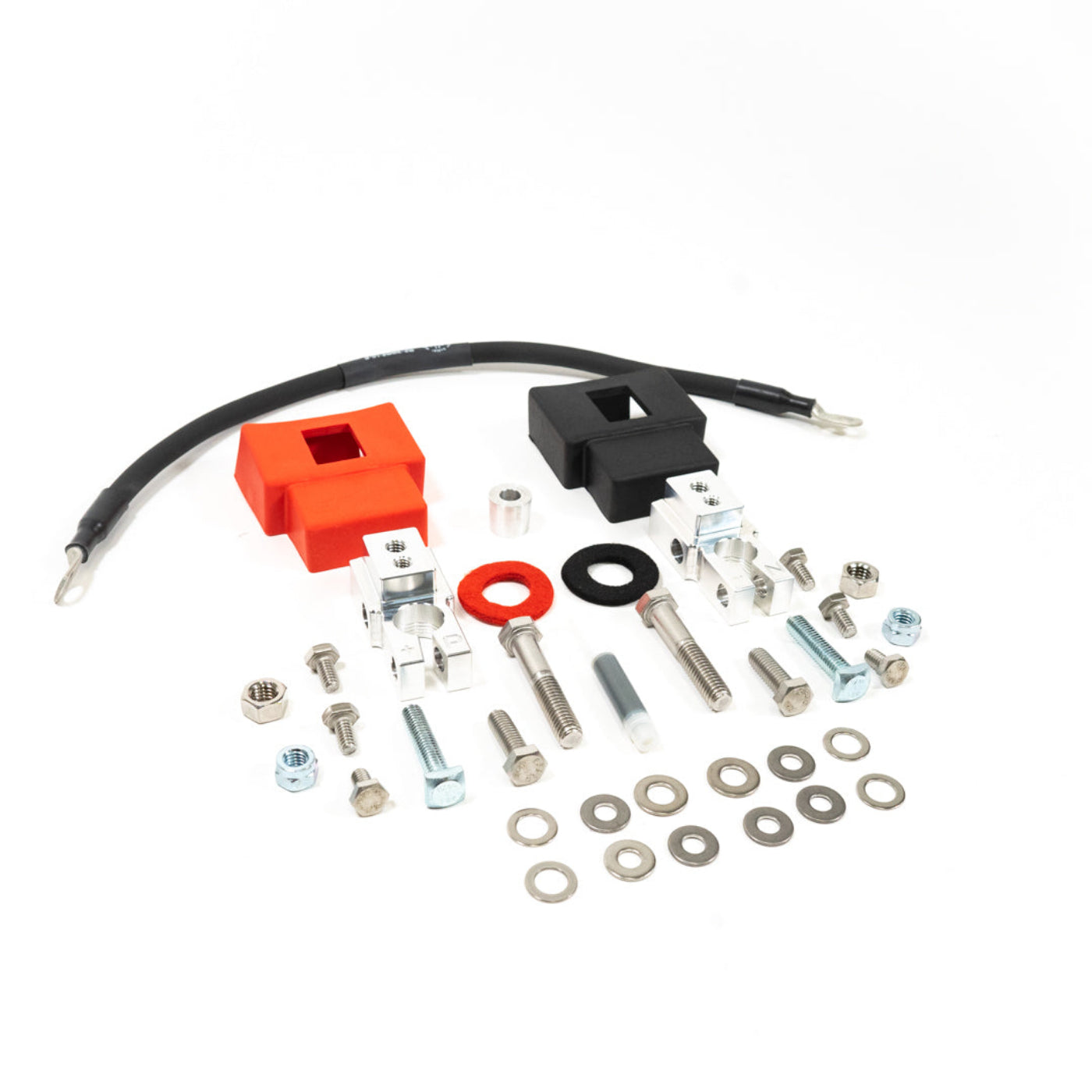 '05-23 Toyota Tacoma Complete Billet Battery Terminal Kit w/ Negative Terminal Wiring Kit display of included parts and hardware