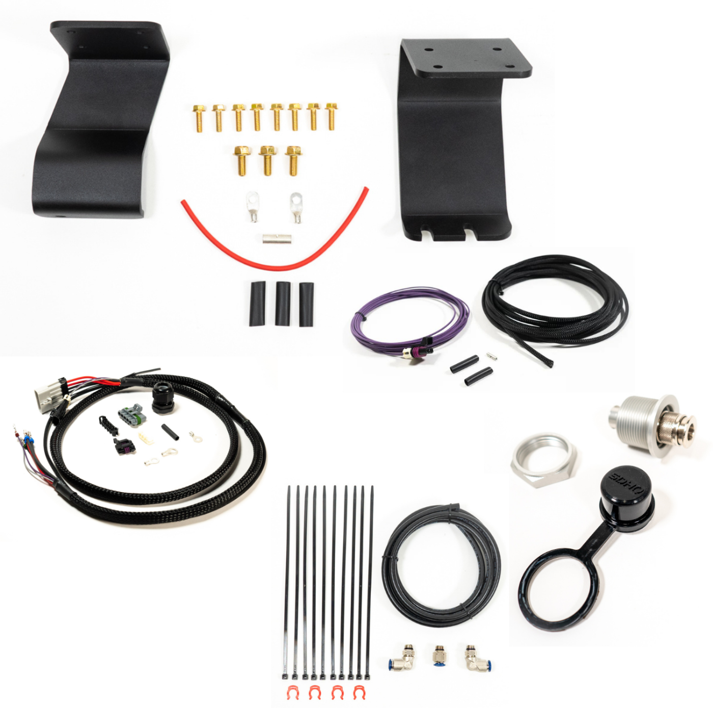 SDHQ Built '22-25 Tundra ARB Twin Compressor Mounting Kit display of included parts and hardware