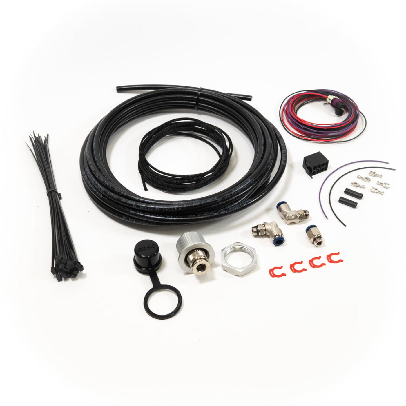 '22-24 Tundra Bulkhead Air Chuck and Switch Mounting Kit display of included parts and hardware