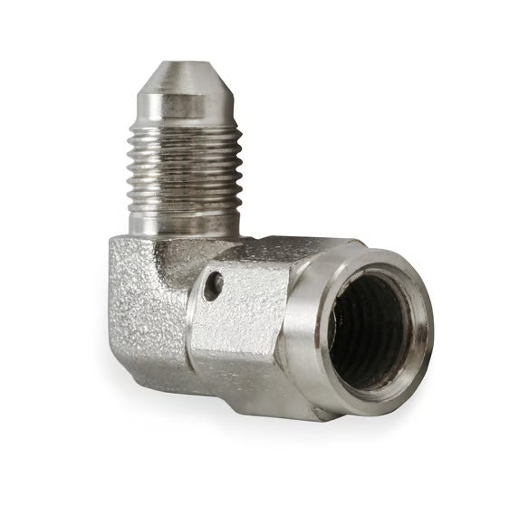 Earl's 90 Degree -3 AN Male to -3 AN Female Swivel Front View Silver