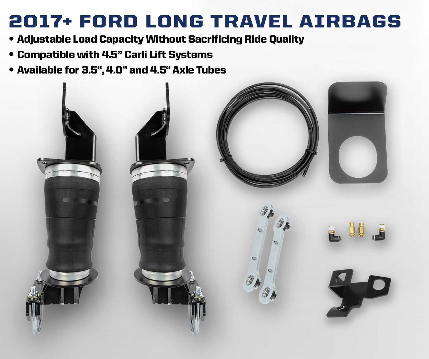 '17-22 Ford F250/F350 Carli Long Travel Air Bag System-4.5" Lift Display of Included Parts and Benefits