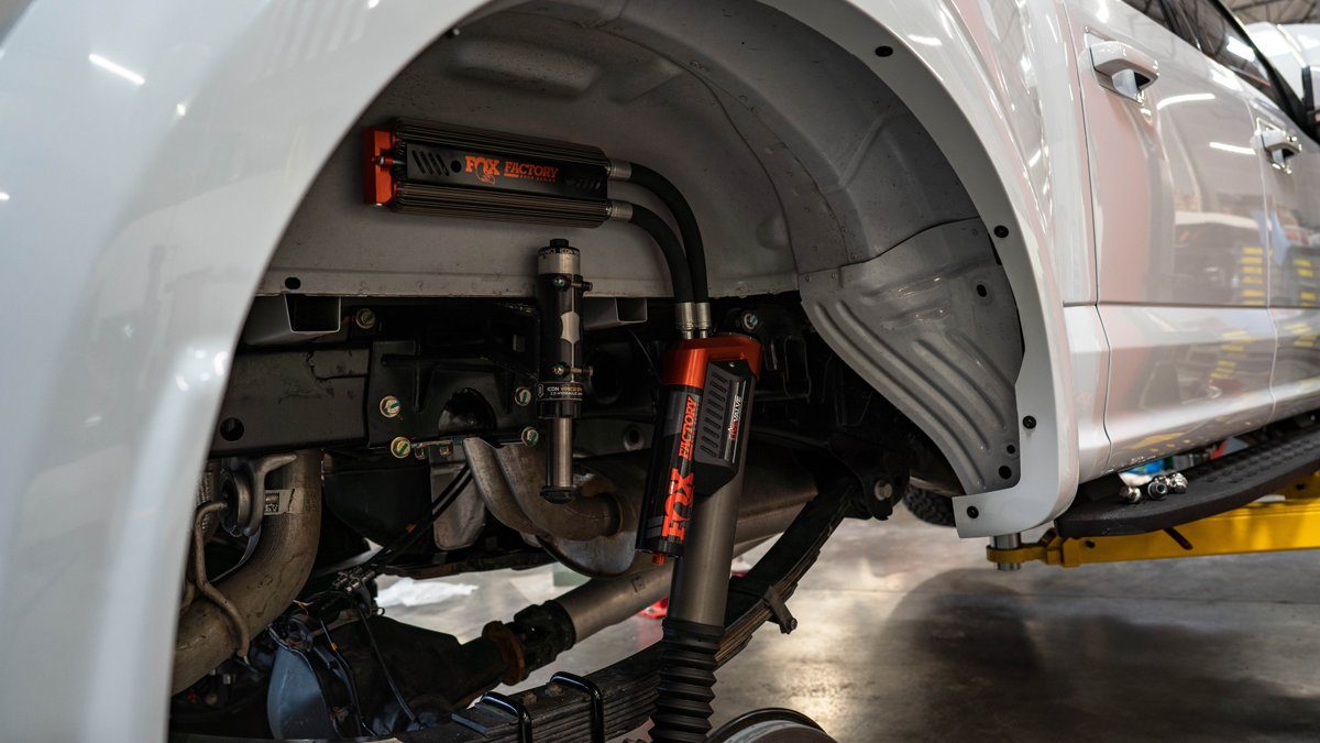 '19-20 Ford Raptor Fox Factory Race Series 3.0 Live Valve Internal Bypass Coilovers & PB Rear Shock Package Display on Vehicle