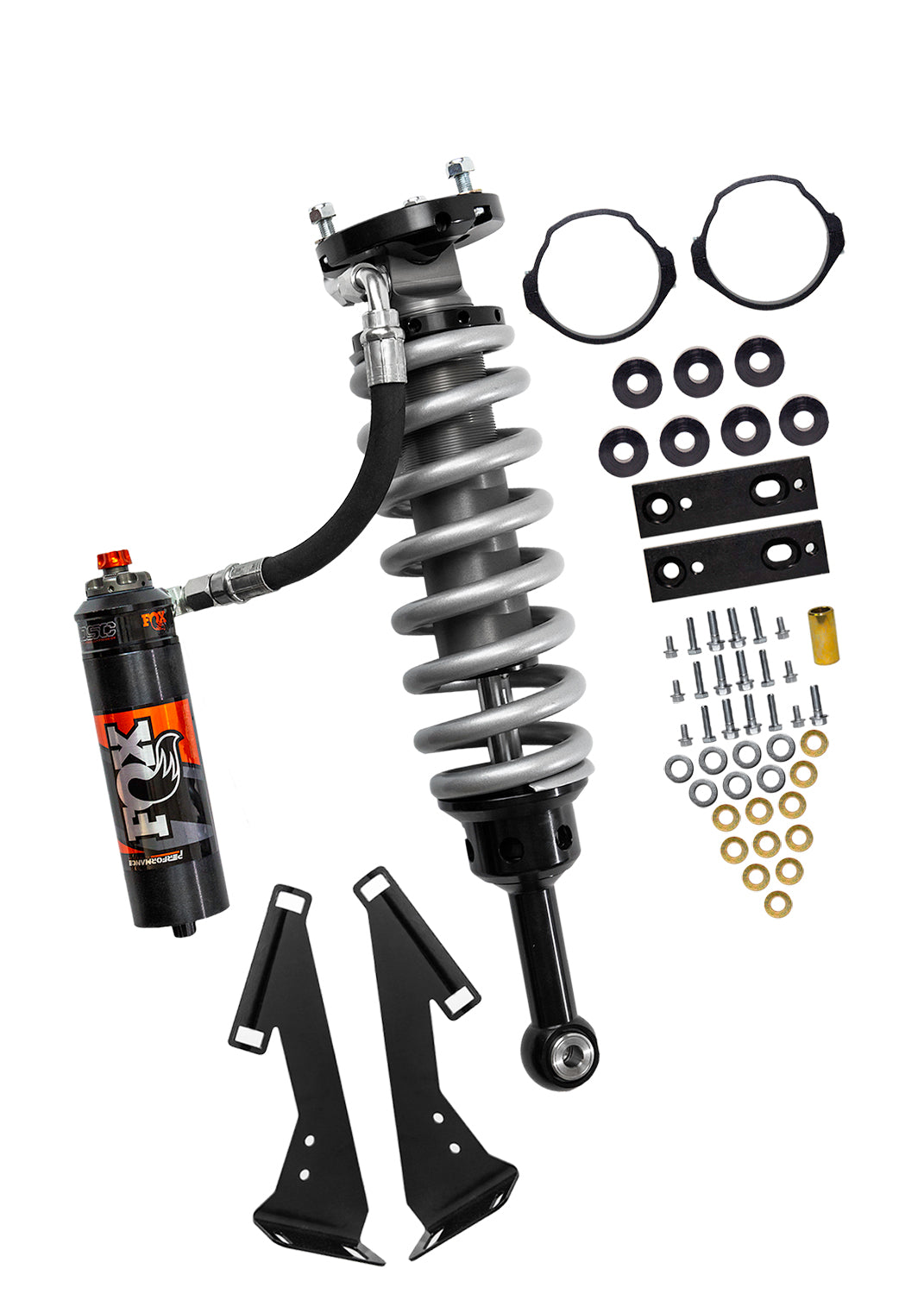 '05-23 Toyota Tacoma Fox Performance Elite Series RR 2.5 Front Coilovers (2" Lift) Display of Included Parts