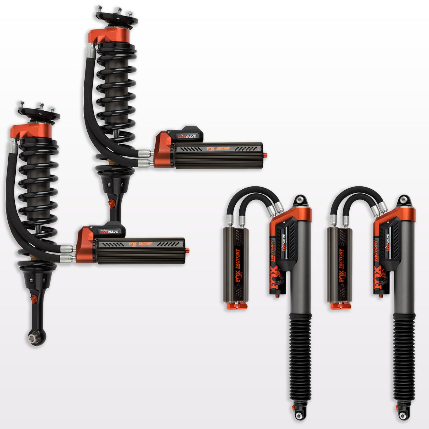 '19-20 Ford Raptor Fox Factory Race Series 3.0 Live Valve Internal Bypass Coilovers & PB Rear Shock Package Display of Included Parts