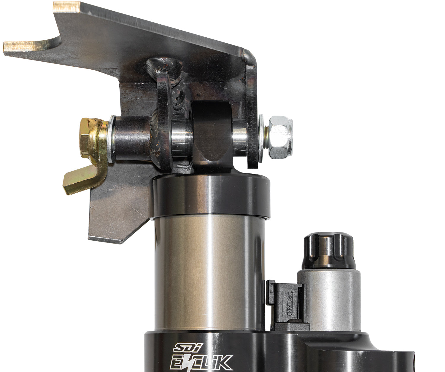 ‘17-24 Ford F250/350 Carli Weld-In Rear Shock Mounts Close-up Display Mounted to Shock