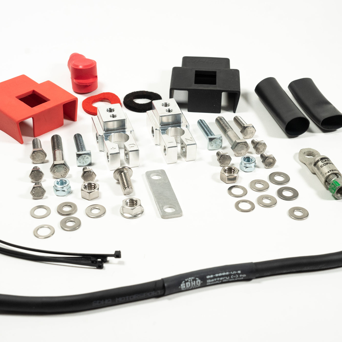 '20-22 Ford F250/350 SDHQ Built Billet Single Battery Terminal Kit display of included parts and hardware