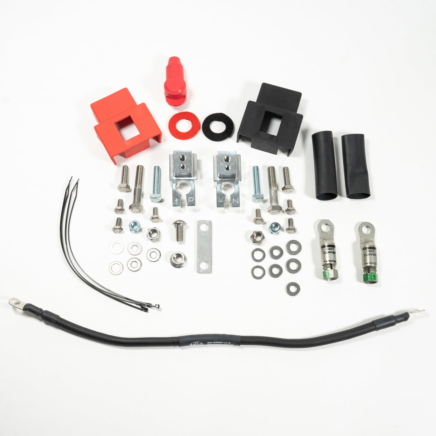 '20-22 Ford F250/350 SDHQ Built Billet Single Battery Terminal Kit Display of included parts and hardware
