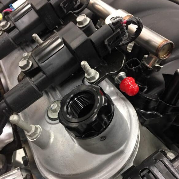 Earl's Oil Fill Cap w/ PVC Vent Close-up Display on Vehicle