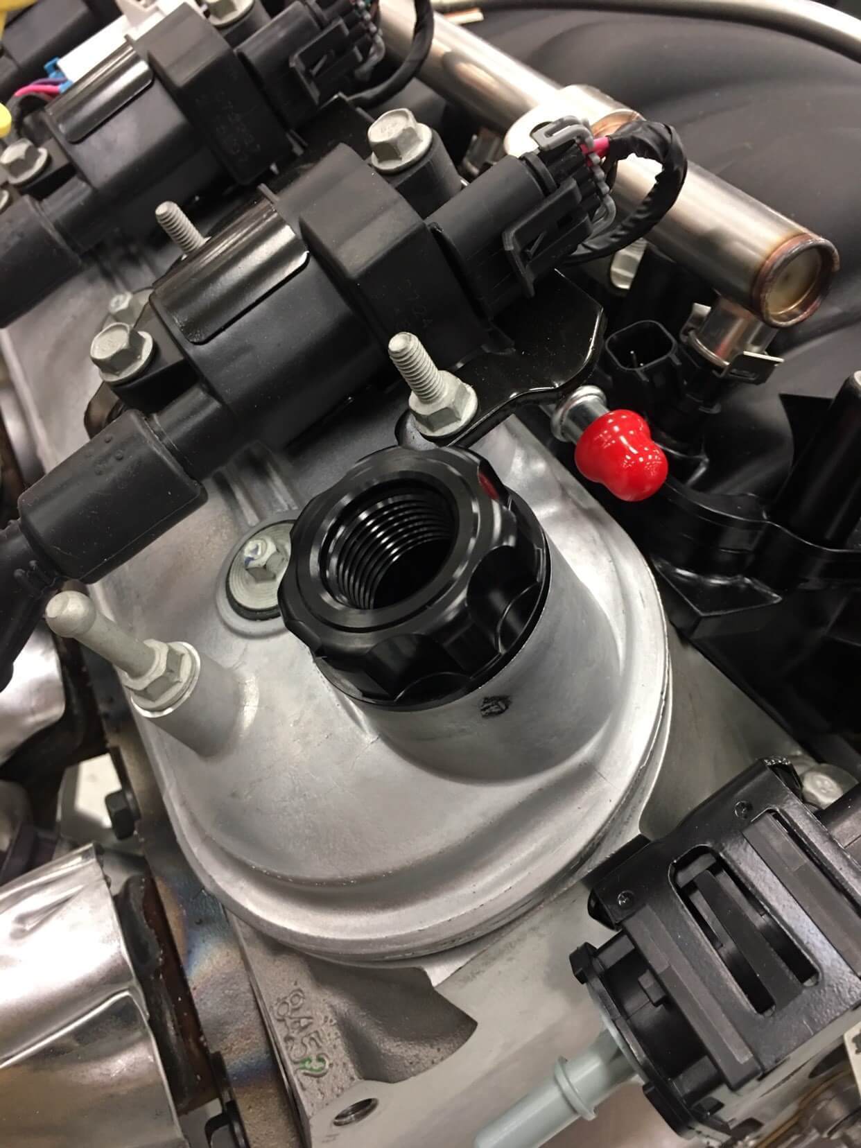 Earl's Oil Fill Cap w/ PVC Vent-LS Engines Close-up Display on Vehicle