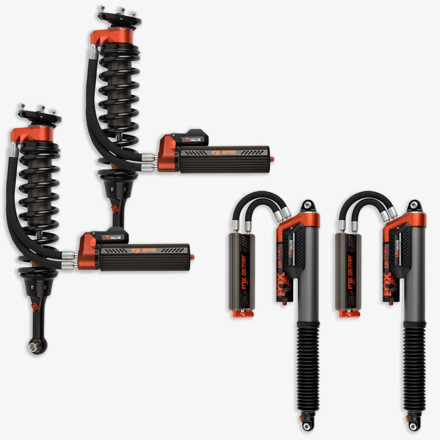 '19-20 Ford Raptor Fox Factory Race Series 3.0 Live Valve Internal Bypass Coilovers & PB Rear Shock Package Display of Included Parts