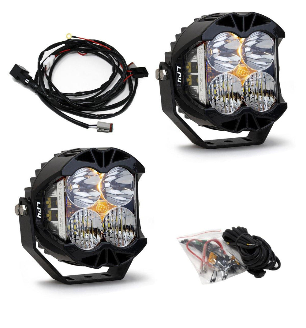 LP4 Pro LED Lights - Pair Lighting Baja Designs Clear Driving/Combo Display of Included Parts