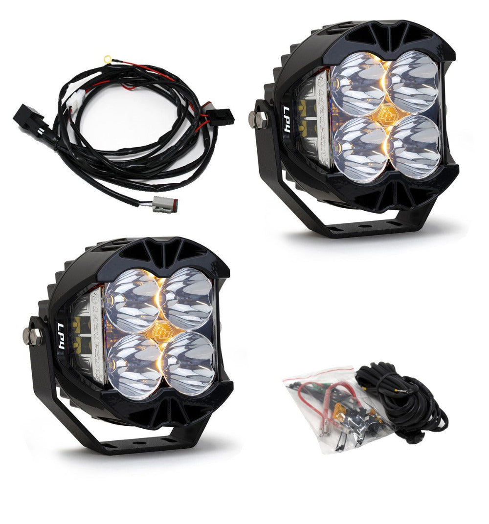 LP4 Pro LED Lights - Pair Lighting Baja Designs Clear Spot Display of Included Parts