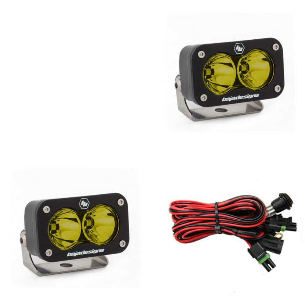 S2 Pro LED Light-Pair Lighting Baja Designs Amber Spot Display of Included Parts