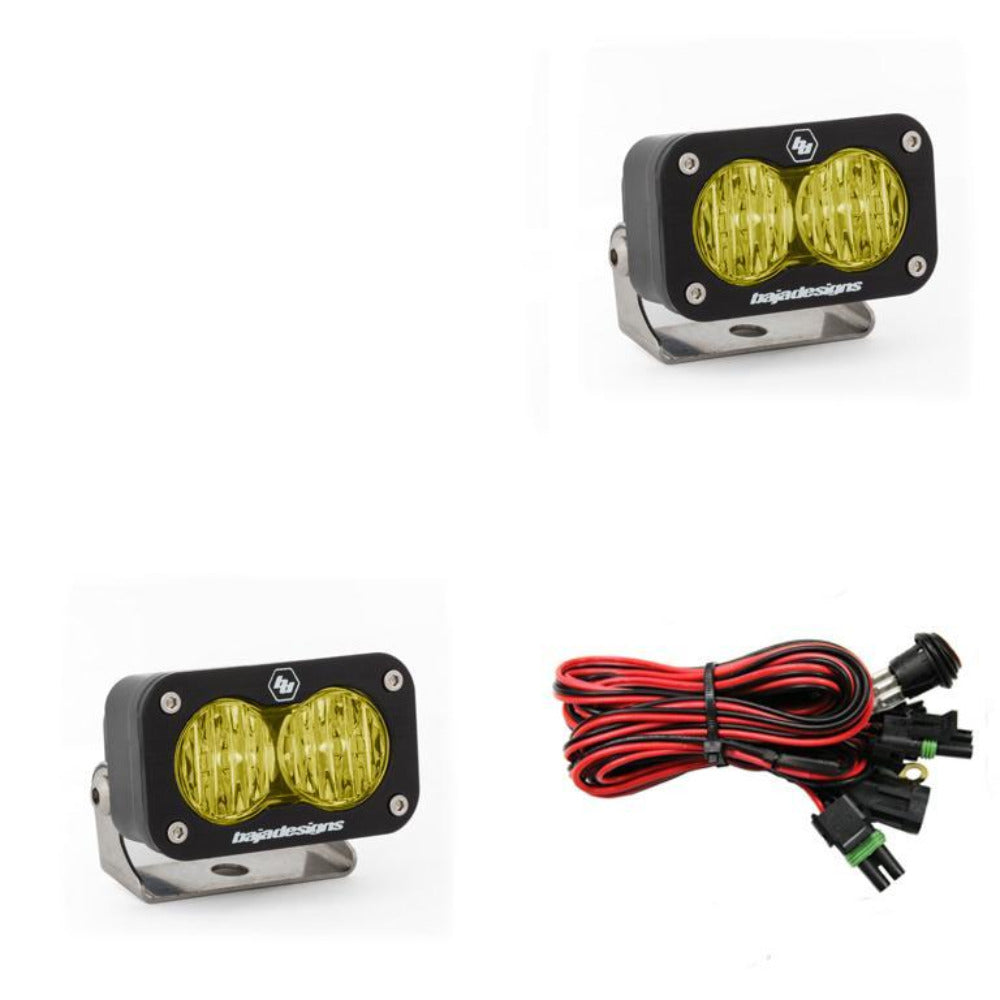S2 Pro LED Light-Pair Lighting Baja Designs Amber Wide Cornering Display of Included Parts