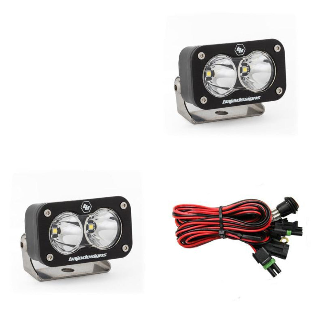 S2 Pro LED Light-Pair Lighting Baja Designs Clear Spot Display of Included Parts
