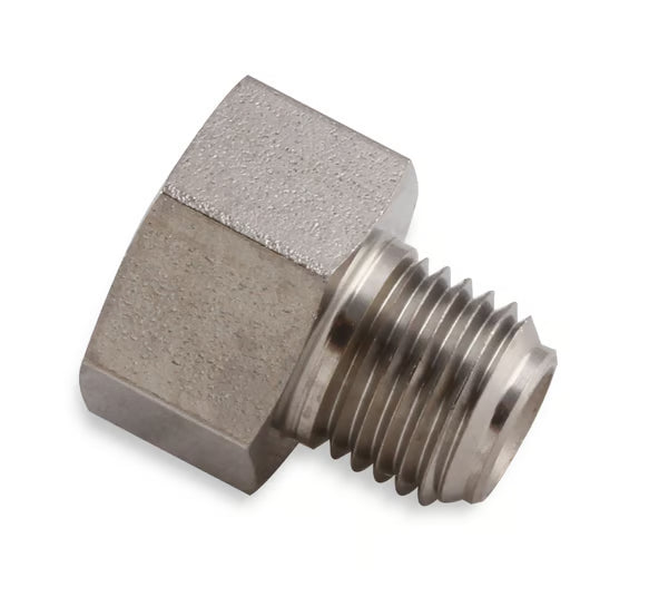 Earl's Hardline Adapter Expander - Stainless Steel - 3/8"-24 Inverted Flare Male for 3/16" Tubing to 7/16"-24 Inverted Flare Female for 1/4" Tubing Front View Silver