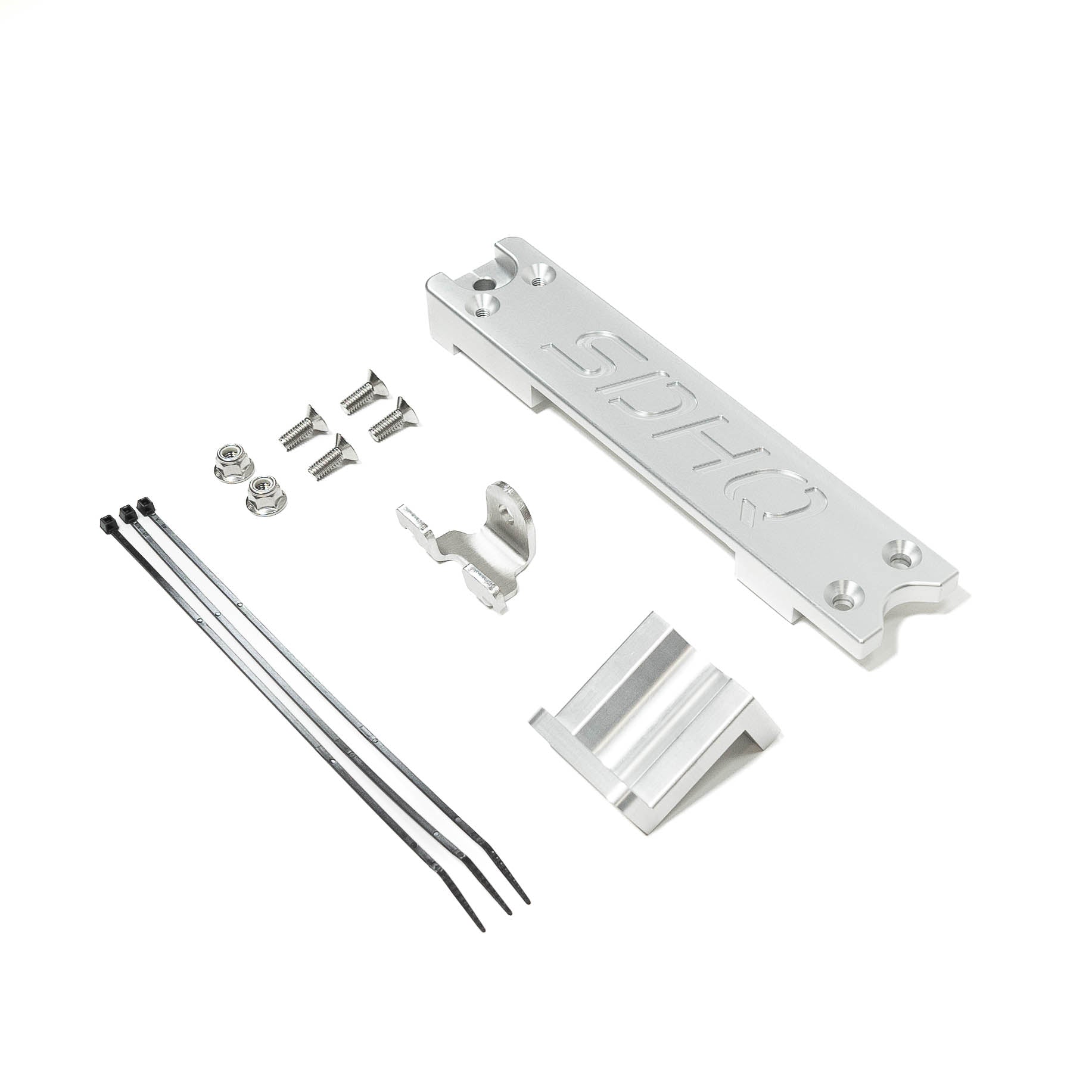 2011-2016 Ford Super Duty SDHQ Built Dual Battery Billet Battery Hold Down Kit display of included parts and hardware 