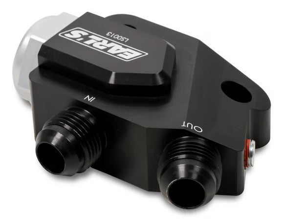Earls LS Side Mount Oil Cooler Adapter w/ 212 degree thermostat Front View Black