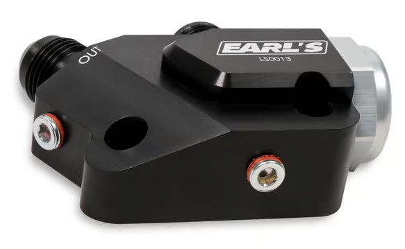 Earls LS Side Mount Oil Cooler Adapter w/ 212 degree thermostat Front View Black