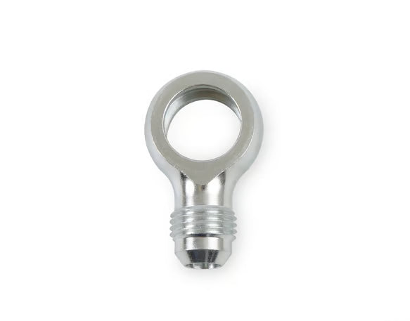 Earl's Remote Reservoir Adapter Kit for Saginaw Type II Power Steering Pumps Includes -10 AN Reservoir Fitting, Flow Valve, Retaining Bracket, -6 AN Banjo Pressure Fitting, and Banjo Bolt with Crush Washers Front View Silver